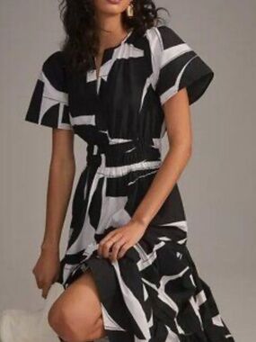 Anthropologie Petite Somerset Maxi Dress Maeve Black White Print Short Sleeve SP